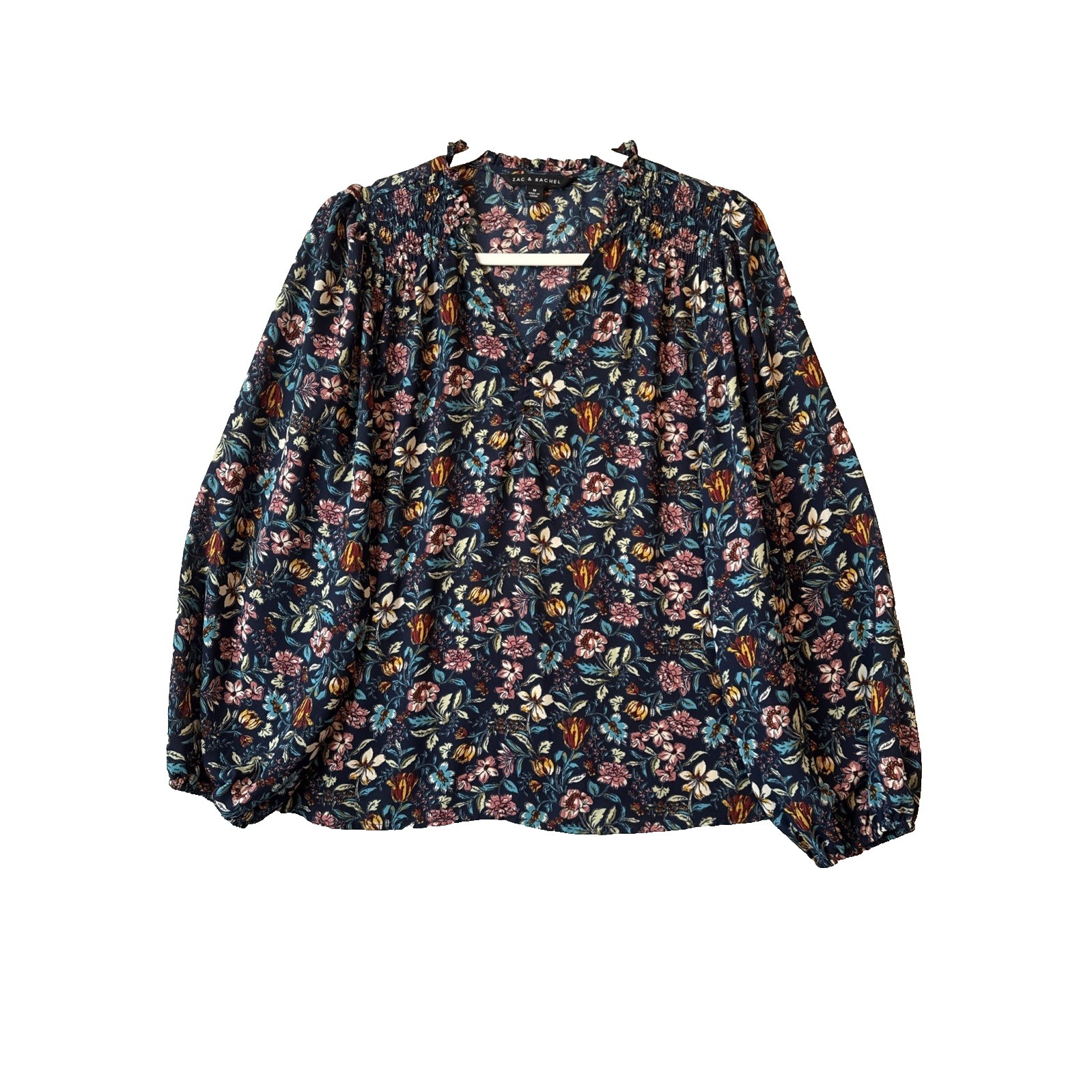 Zac & Rachel Floral Long Balloon Sleeve Smocked V Neck Blouse M Boho Cottagecore